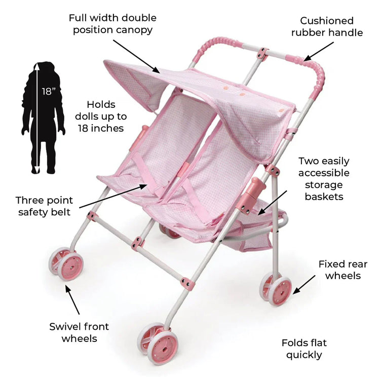 Folding Double Doll Umbrella Stroller Pink Gingham Check Dual Seating Compact Steel Frame