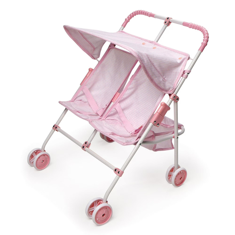 Folding Double Doll Umbrella Stroller Pink Gingham Check Dual Seating Compact Steel Frame