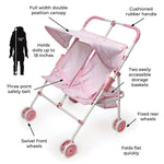 Folding Double Doll Umbrella Stroller Pink Gingham Check Dual Seating Compact Steel Frame